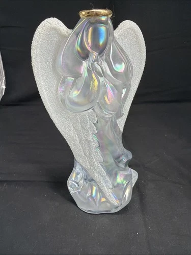 FENTON GLASS ANGEL FIGURINE IRIDESCENT FRIT ON WINGS 7.25” CARNIVAL OPALESCENT