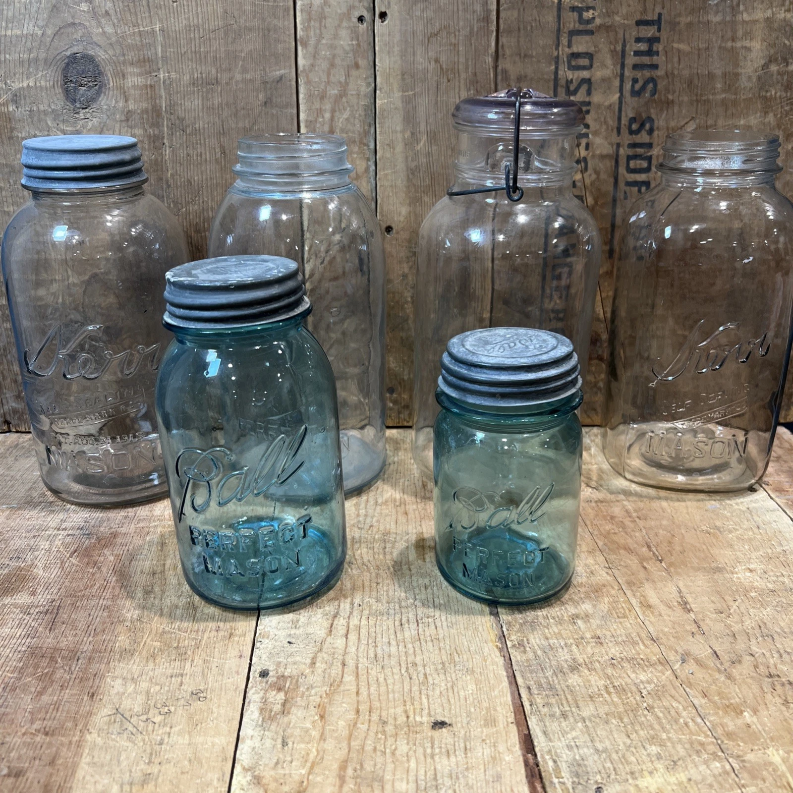 Vintage Blue Wavy Glass Mason Jars w/ Zinc Lids And Assorted Mason Jars