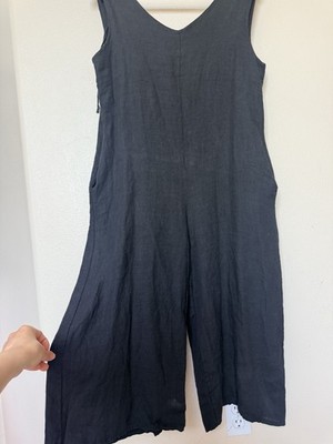 New Saga 100% Italian Linen Sleeveless Jumpsuit Wide Leg Cropped Black S Boho