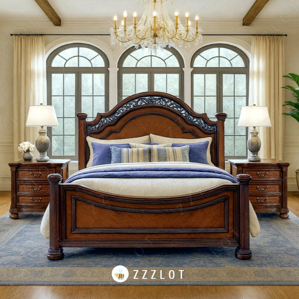 VENTA 4 piezas Póster Queen Dormitorio Acabado Marrón Cereza Muebles Tradicionales B/D/M/N Foto 2 de 4