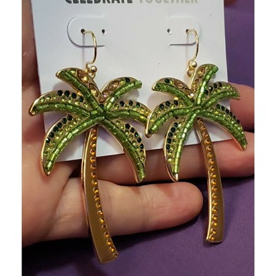 Palm Tree Dangle Earrings in Gold Tone Metal with Rhinestone Crystals & Beads