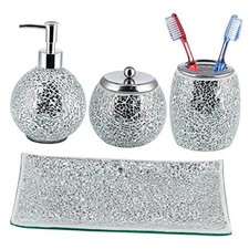Mosaic Glass Bathroom Accessories Set, Modern Luxury Bath Shiny Silver