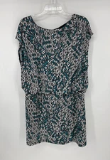 AB Studio Dress Womens Size XL Teal White  Black Sleeveless Blouson EUC