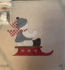 WINTER SNOWMAN- HANDPAINTED NEEDLEPOINT CANVAS- WITH CHARM- INCLUDES 7 YARNS