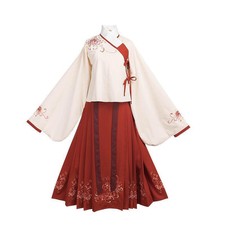 Abito Ricamato Hanfu Costume Antico Donna Floreale Rosso Midi Maniche Lunghe