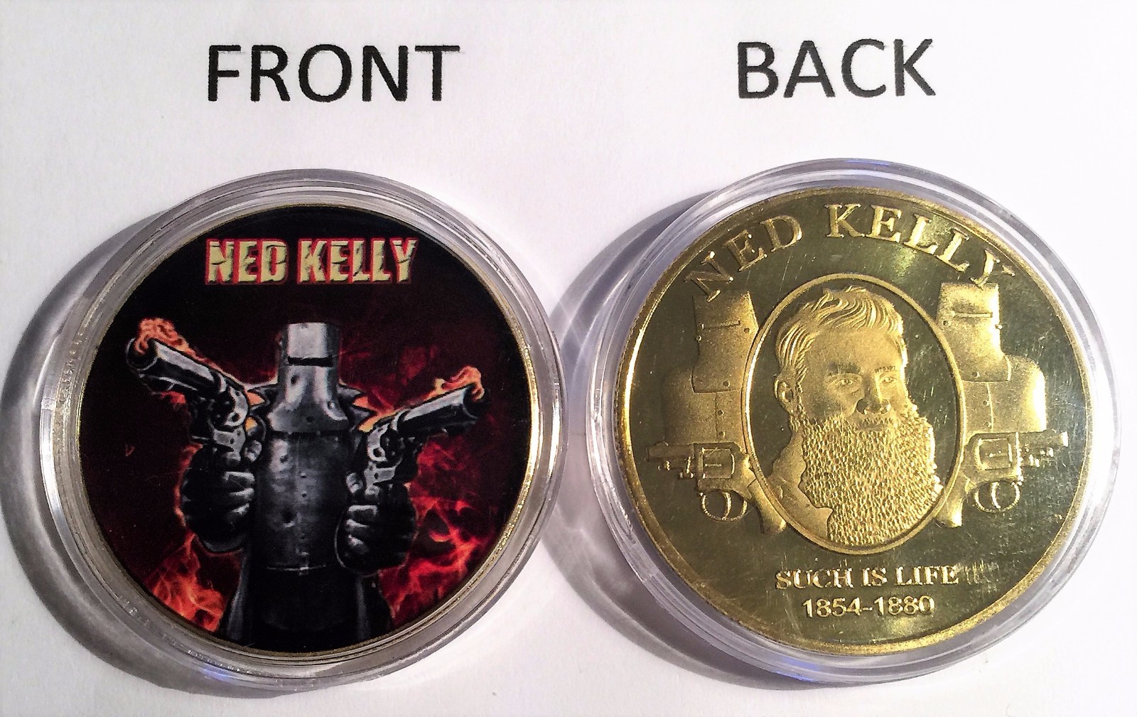 "NED KELLY" Colour Printed 999 24k Gold plated coin, Guns, Outlaw (07