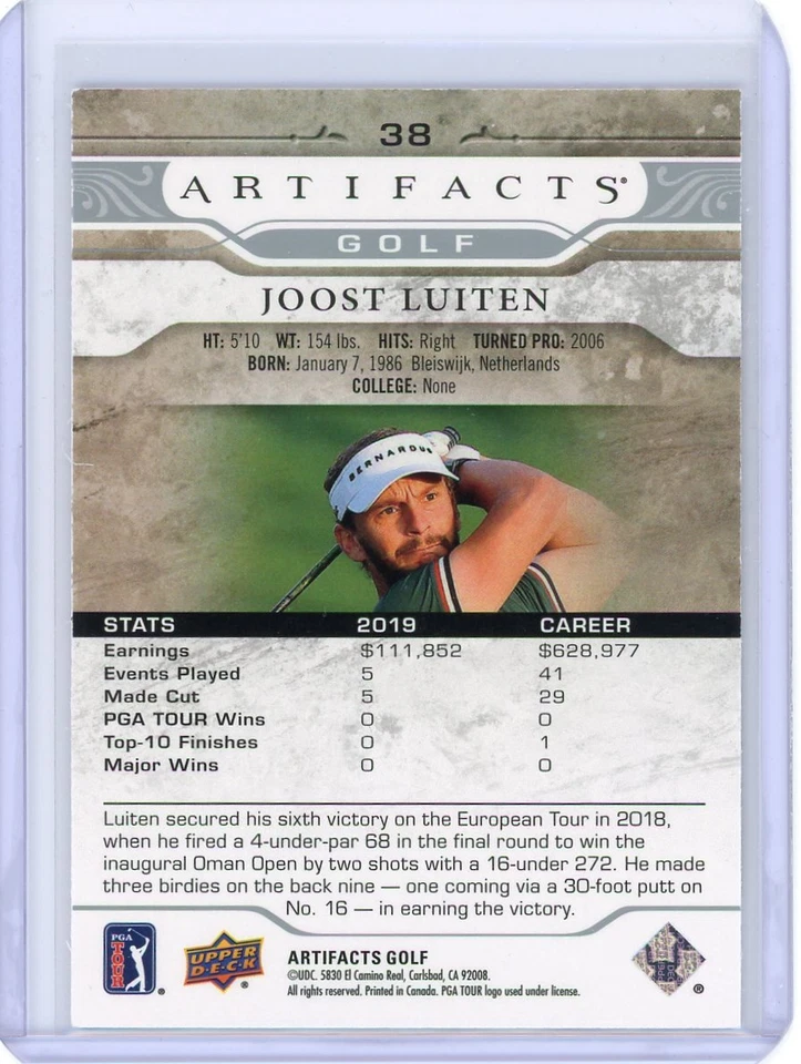 2021 UPPER DECK UD ARTIFACTS GOLF JOOST LUITEN #38 NM-MT TO MINT SET BREAK - Image 2 of 2