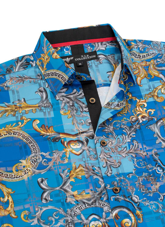 Men's Italian fashion Button Down Short Sleeves Shirt Sky Blue Golden Pattern | eBay Men's Italian fashion Button Down Short Sleeves Shirt Sky Blue Golden Pattern | eBay