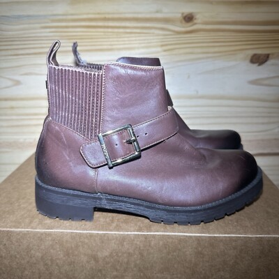 Vionic Mara Mystic Brown Leather Ankle Boots  Red Slip On Chunky Women's Size 6
