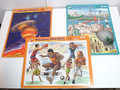Lot 3 Vtg 90s Patch Cardboard Tray Picture Puzzles Sports Landmarks Planets