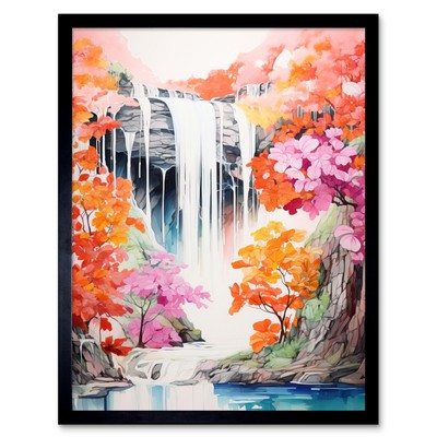 Kaskadierender Wasserfall in orange rosa Baum üppiger Wald lebendiger gerahmter Kunstdruck 9 x 7