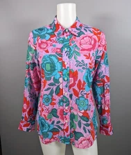 Talbots Cotton Button Front Blouse Sketched Blooms Floral Shirt Medium Petite MP