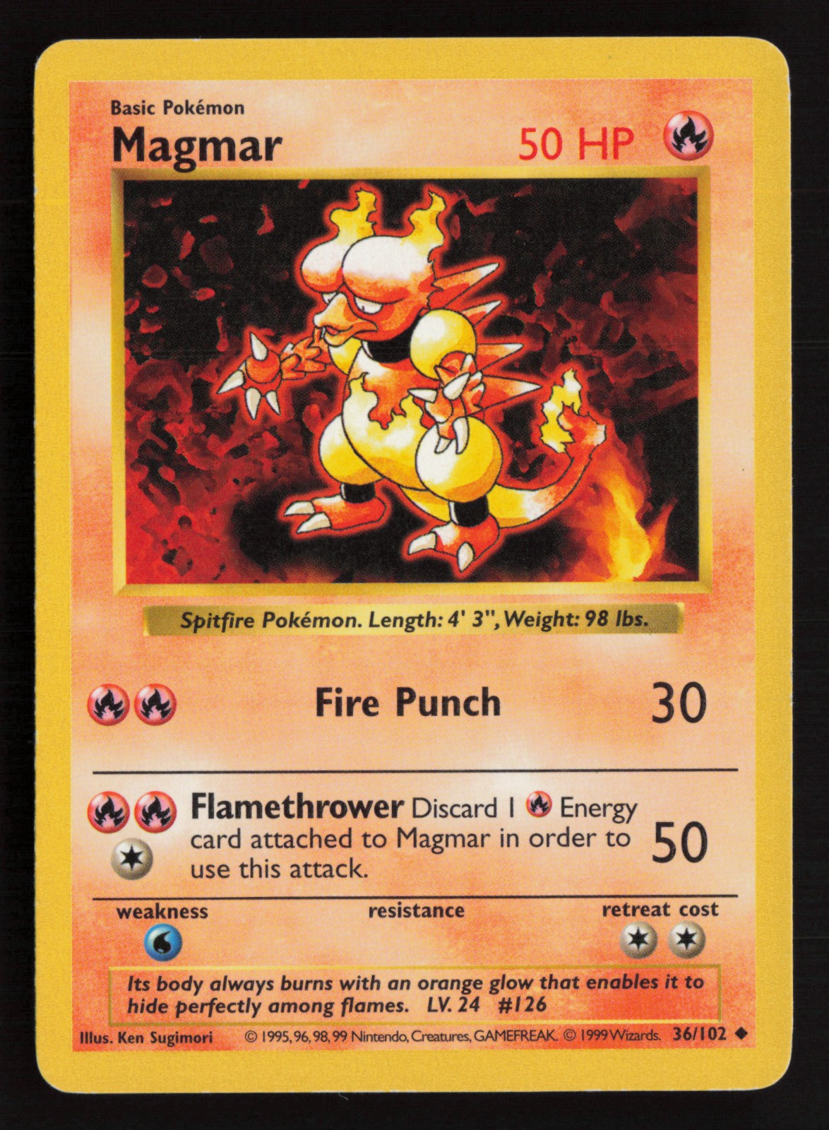 Magmar 36/102 Pokémon 1999 Shadowless Base Set LP