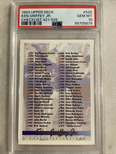 1993 UPPER DECK #525 KEN GRIFFEY JR. HOF CHECKLIST 421-525 PSA 10 GEM MT