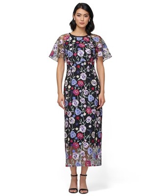 JS Collections Lacey Floral Embroidered Mesh MIDI-Dress Black Multi Size 14