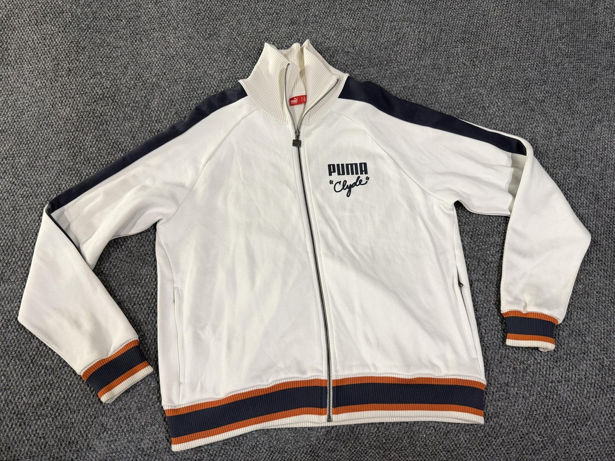 Puma Clyde Jacket Mens 2XL White Track Full Zip Striped Trim Retro