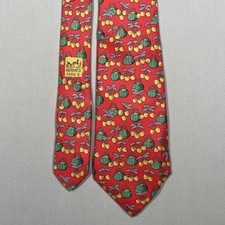 HERMES Paris 100 Silk Tie Red Yellow Green Cherry Basket Pattern Made in France