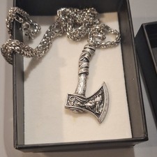 Viking Axe Pendant Necklace Silver Tone Rope Chain Decorative Engraving