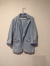 Women  s Blue Light Wash Denim Blazer Jacket M Cuffs Pockets Button Mid-Length