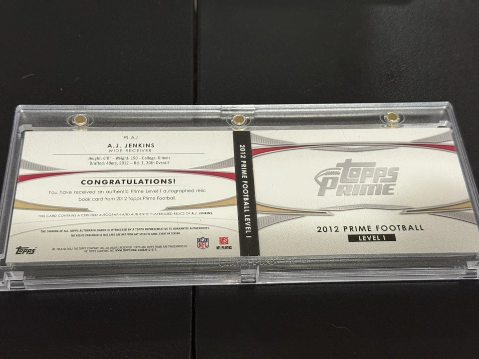 2012 Topps Prime Level 1 Autograph Relic Booklet - AJ Jenkins /10 - Image 2 of 4
