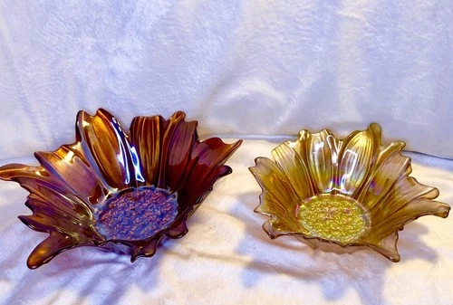 Lot of 2 Vintage Indiana Carnival Glass Iridescent Amber Sunflower Bowl