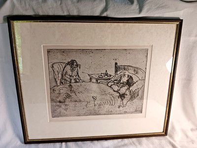 Wilhelm Oesterle Original Radierung handsigniert Am Krankenbett gerahmt