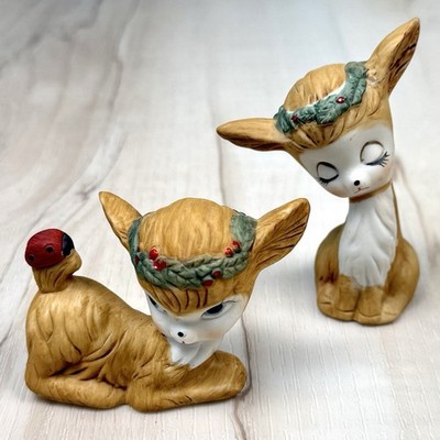 VTG Set 2 MCM PARMA by AAI 3'' Porcelain Bisque Christmas Deer Fawn FIGURINES EUC