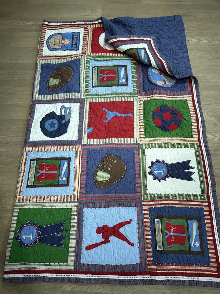 Pottery Barn Kids Sports Appliqué Embroidered Quilt Reversible Patchwork Blanket - Image 4 of 4