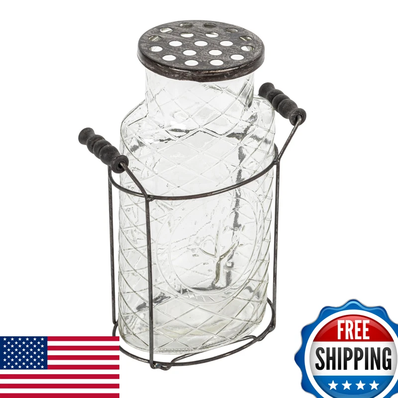 Creative Co-Op Glass Vase In Metal Stand Metal Frog Lid De3875