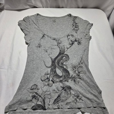 ana A New Approach Grey Graphic T-Shirt Snake Bird Floral Beaded M Whimsical y2k