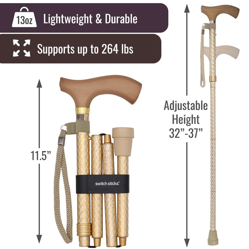 雕刻珍珠金可调节可折叠拐杖轻便时尚支撑 — 第 4/4 张图片
