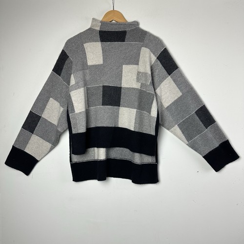 Nordstrom Signature 100% Cashmere Sweater Gray Check Open Sides Mock Neck Prep S