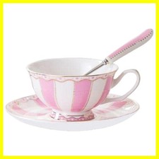 Bone China Pink Tea Cup with Saucer Spoon 3 Piece Set 7oz Cappuccino Cups, C...