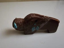 VTG Zuni Brown Pipestone BISON BUFFALO Turquoise Horns Fetish Carved Kachina