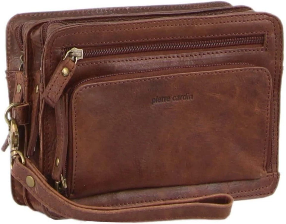 PIERRE CARDIN MENS RUSTIC LEATHER ORGANISER WRIST BAG TOILETRY Handbag 20x8x15cm - Image 3 of 4
