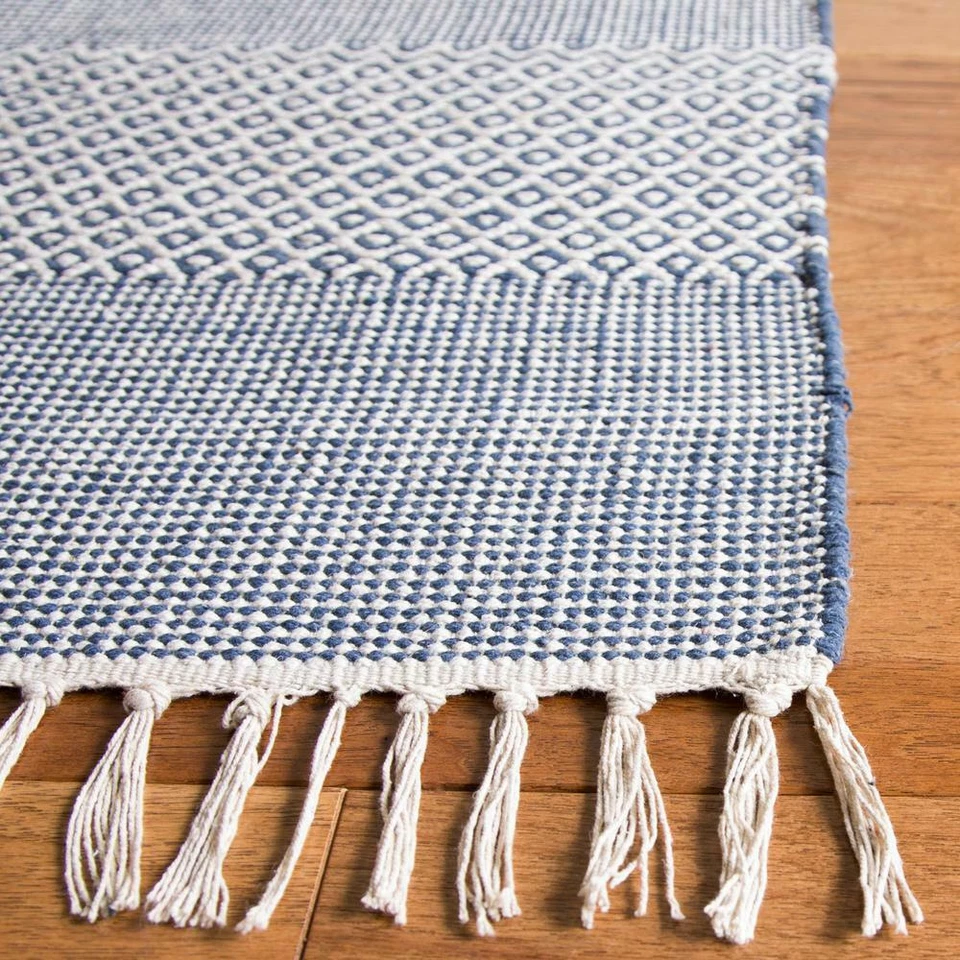 Nueva alfombra moderna Safavieh hecha a mano tejido plano marfil azul marino 100 % algodón 6'x9' Foto 3 de 4