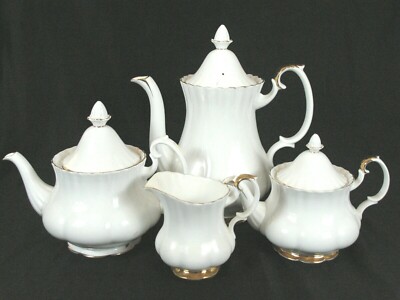 ROYAL ALBERT VAL D'OR LARGE AND SMALL TEAPOTS, COFFEE POT AND CREAMER