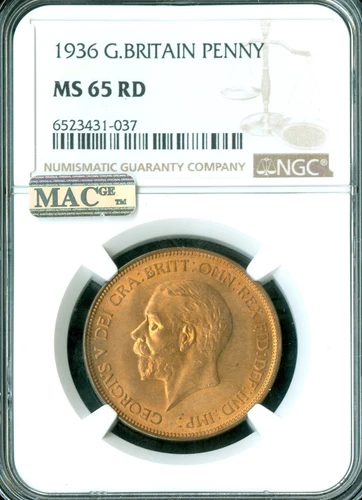 1936 GREAT BRITAIN PENNY NGC MS65 RD PQ 2ND FINEST MAC SPOTLESS  .