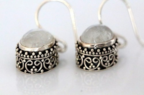 Handcrafted Sterling Silver Bali Earrings Moonstone Natural Stone Ethnic Gift - Picture 4 of 4