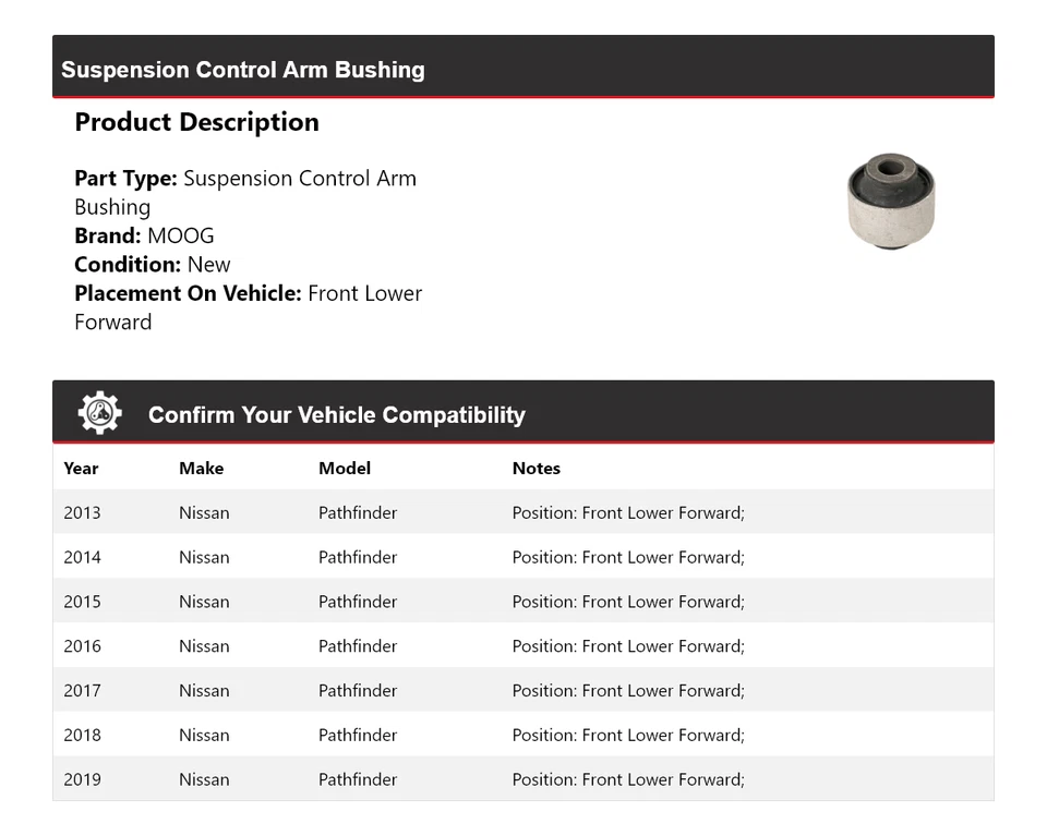 Рычаг управления подвеской втулка для Nissan Pathfinder 2013-2019 годов выпуска MOOG 2013 2014 годов выпуска - Изображение 2 из 4