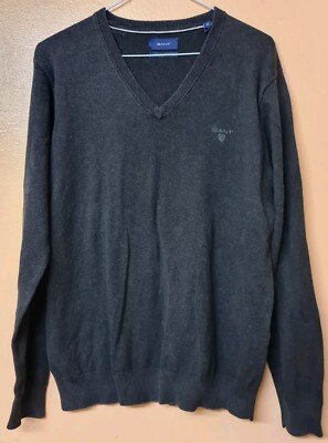 Gant Pullover Pulli anthrazit grau V-Ausschnitt Logo Baumwolle Größe M