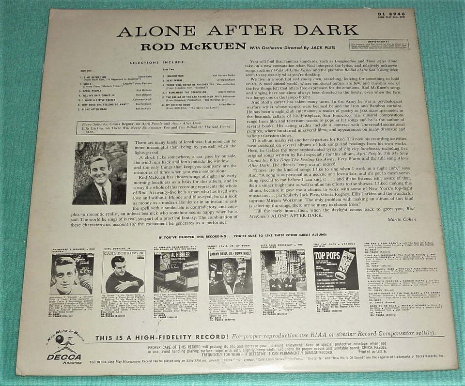 VINYL LP by ROD McKUEN "ALONE AFTER DARK" (1960) DECCA DL 8946 (PROMO) JAZZ Foto 2 de 4