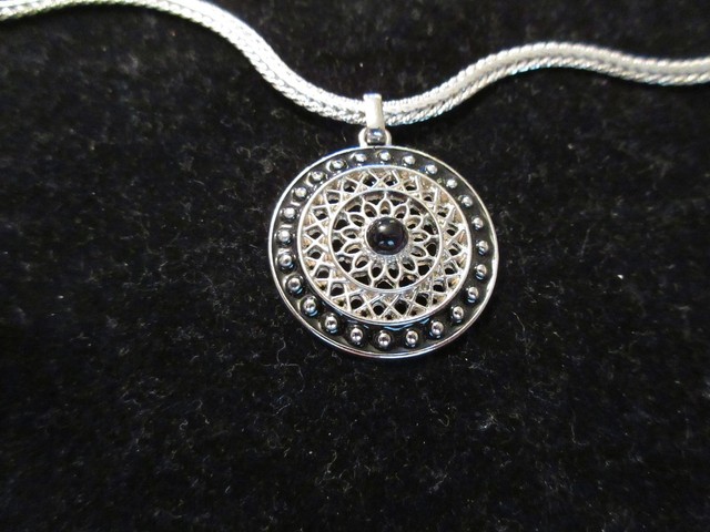 Silver Tone Chain Necklace Pendant Black Ornate Metal Unique Chic