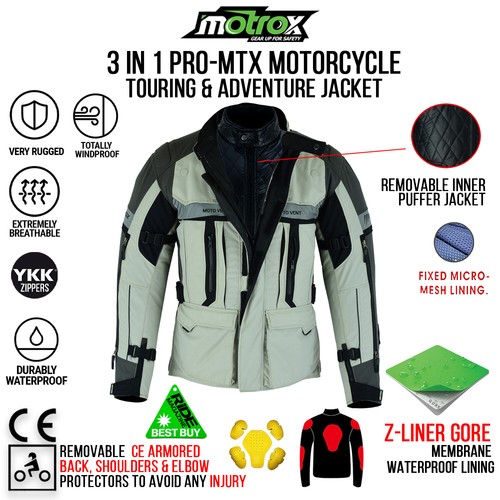 Mens Motorcycle Jacket Waterproof Motorbike Optional Inner Puffer Free CE Armour - Picture 14 of 17