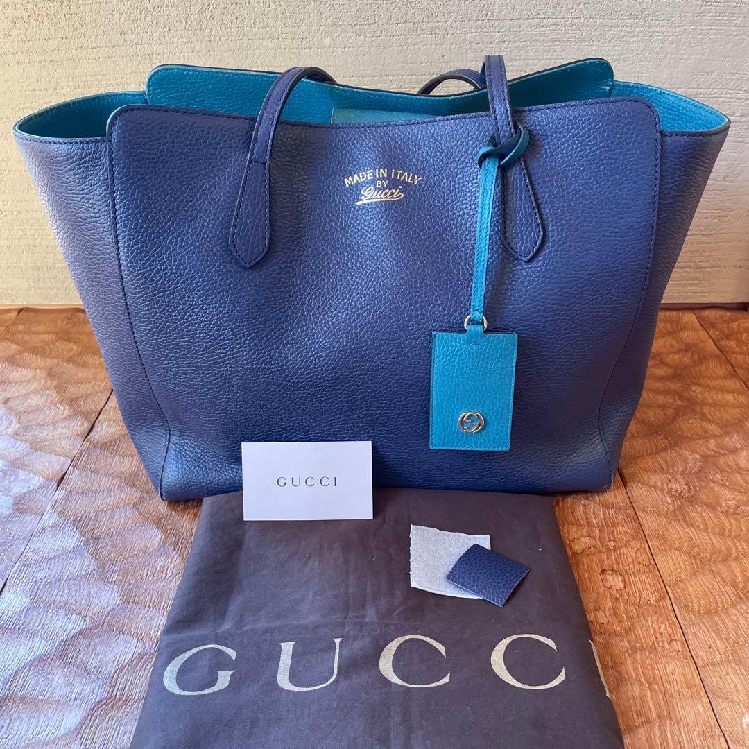 GUCCI Swing Leather Tote Bag Navy Turquoise Bi-Color Made in Italy