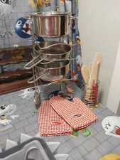 Pretend Play Pots Pans Assorted Lot 12 Pcs Steel, Wood Tools 2 Cooking Mitts