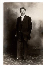 Edwardian Studio Portrait Young Man Standing Real Photo Postcard RPPC Unposted