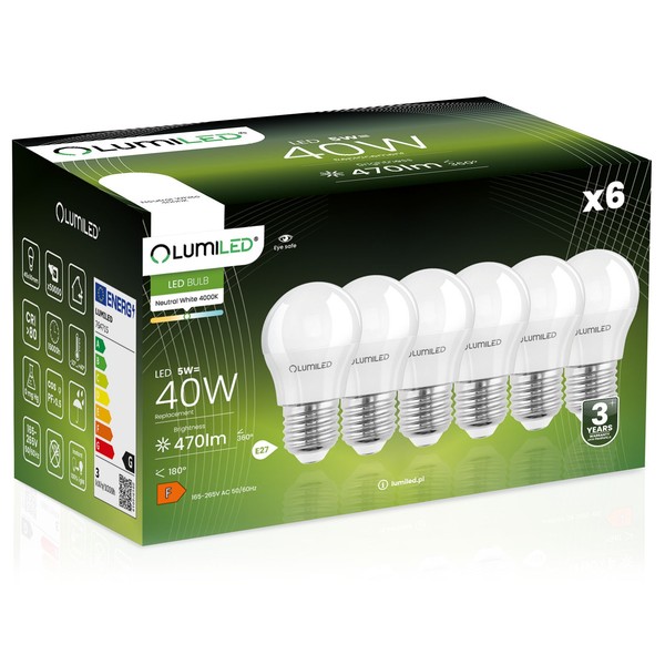 6X Led-Birne E27 Kugel P45 5W = 40W 470Lm 4000K Neutralweiß 180° Lumiled-image