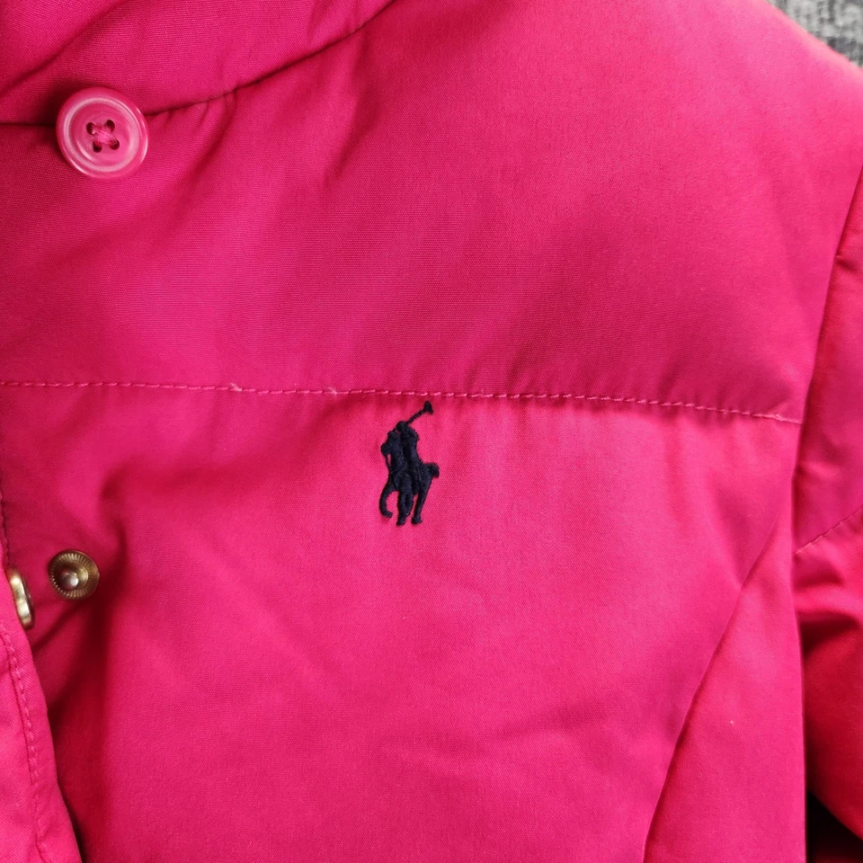 Ralph Lauren 夹克女孩中号粉色羽绒连帽荷叶边下摆外套 — 第 2/4 张图片