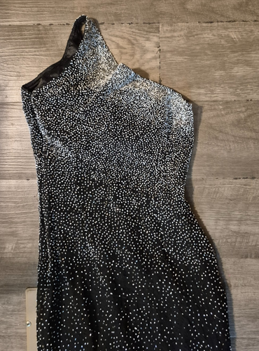 SCALA Silk Beaded Sequin Maxi Gown S One Shoulder Dress Cut Out Back Black VTG - Afbeelding 6 van 8